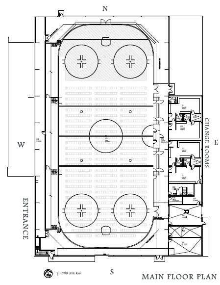 Main floor plan of the arena. Change rooms to the rear.