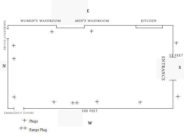 Floor plan of the gymnasium/hall is approximately 5500 square feet. It has men and women's washrooms and a number of electrical plugs (as seen on diagram below). It includes a full service kitchen as well.